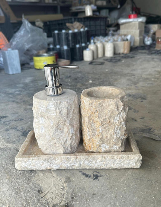 Marble Bathroom Accessory Set of 3 | Wabi Sabi Rustic Soap Dispenser Set with Tray | Housewarming Gift | Gift for Mom
