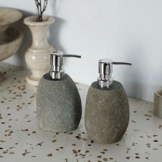 Natural River Stone Bathroom Set – Rustic Soap Dispenser | Shampoo Bottle
