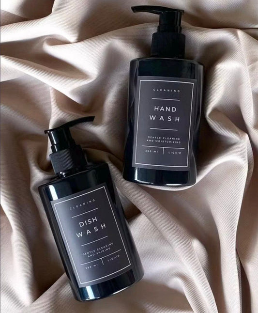 Set of 2 Black Glossy Soap Dispenser Bottle | Hand Wash & Dish Wash Pump | Refillable Kitchen and Bathroom Decor