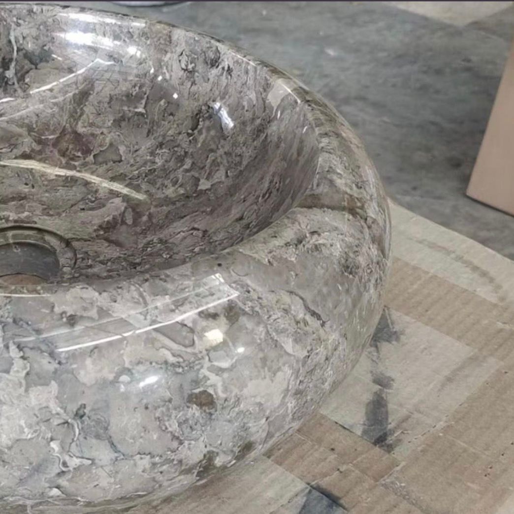 Grey & Beige Marble Donut Stone Sink 40 x 15cm | Wabi Sabi Japandi Round Washbasin