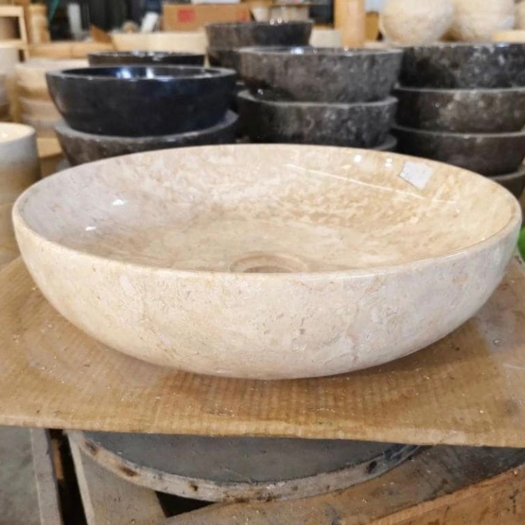 Handmade Beige Marble Vessel Sink – Polished Round Stone Basin