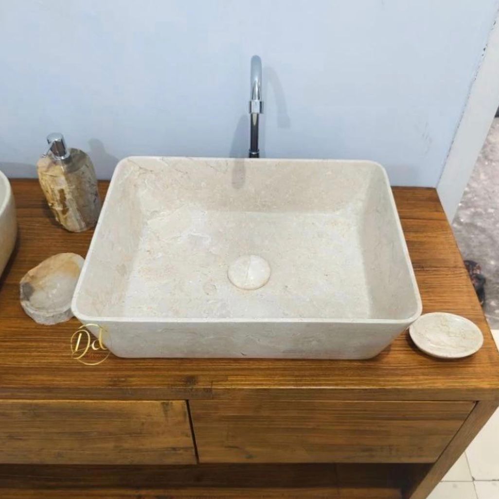 Handmade Rectangular Marble Vessel Sink – Polished Stone Bathroom Basin