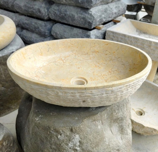 Oval Beige Marble Vessel Sink | Handmade Bathroom Vanity Marble Sink | Natural Stone Basin | Custom Countertop Sink