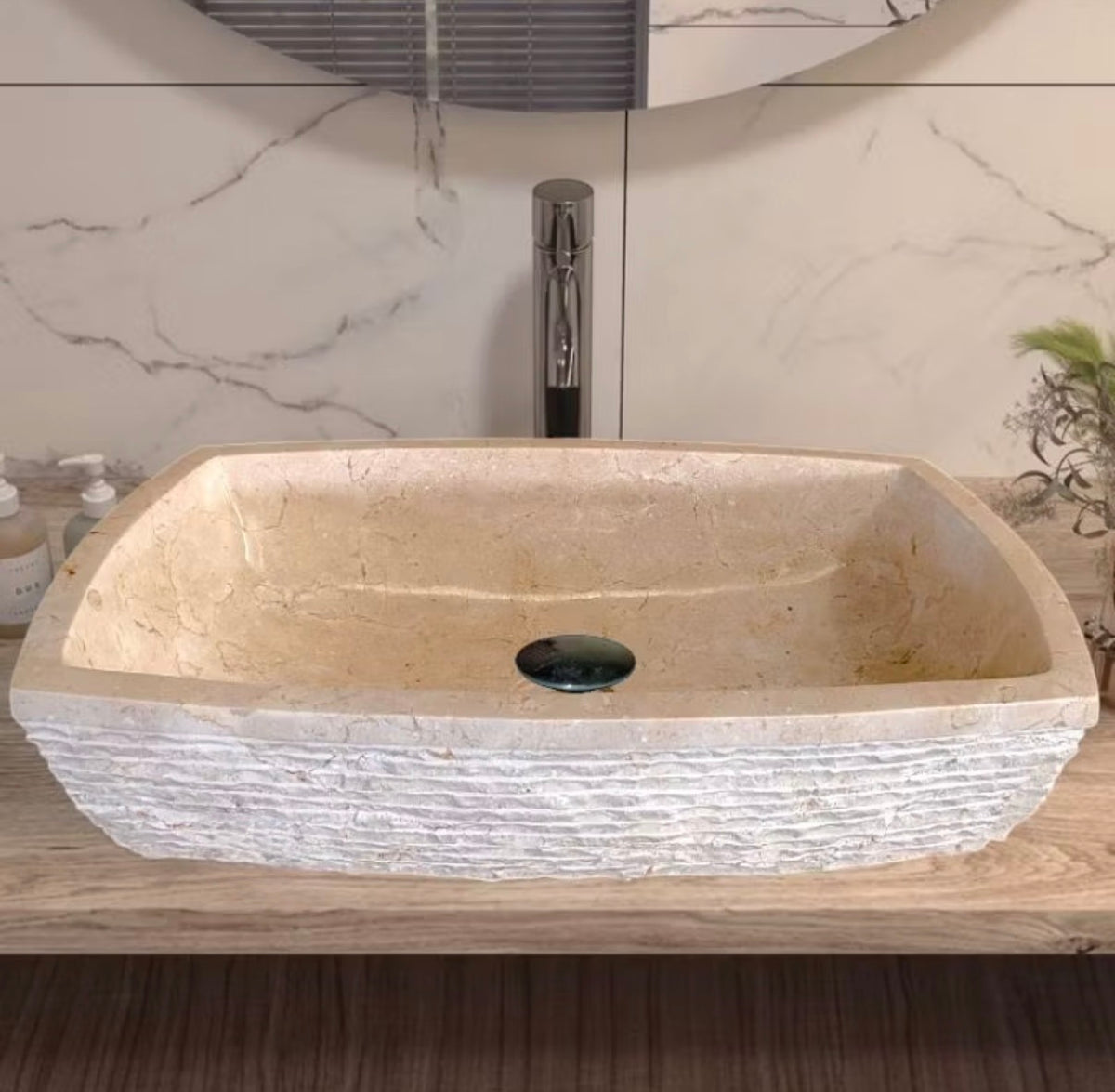 Beige Marble Vessel Sink | Modern Bathroom Vanity Marble Sink | Custom Handmade Natural Stone Basin | Rectangular Countertop Sink