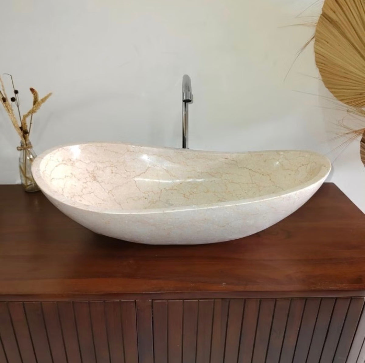 Beige Oval Vanity Marble Sink Handmade Natural Stone Basin Vessel Sinks for Modern Bathroom Countertop Sink