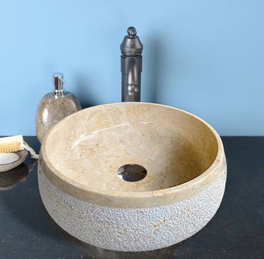 Round Beige Marble Vessel Sink Bathroom Vanity Marble Sink Handmade Natural Stone Basin Countertop Sink