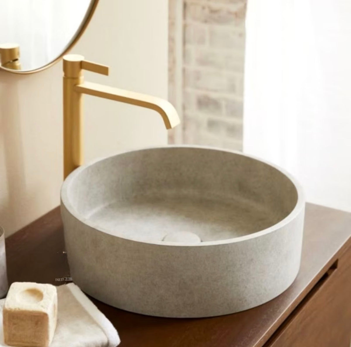 Round Beige Vanity Marble Sink | Handmade Natural Stone Basin | Custom Vanity Top Basin for Modern and Luxury Bathroom