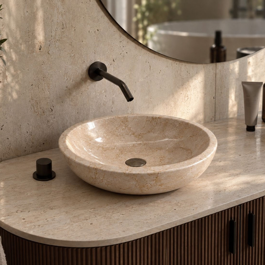 Round Beige Marble Vessel Sink | Natural Stone Bathroom Basin | Vanity Top Sink | Handmade Stone Sink | Luxury Bathroom Vanity