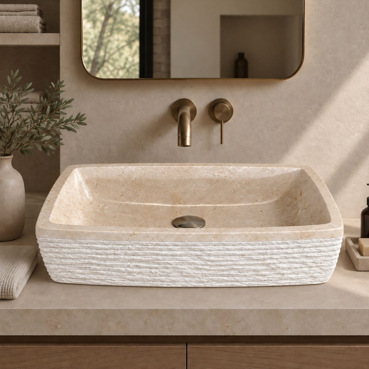 Beige Marble Vessel Sink | Modern Bathroom Vanity Marble Sink | Custom Handmade Natural Stone Basin | Rectangular Countertop Sink