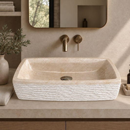 Beige Marble Vessel Sink | Modern Bathroom Vanity Marble Sink | Custom Handmade Natural Stone Basin | Rectangular Countertop Sink