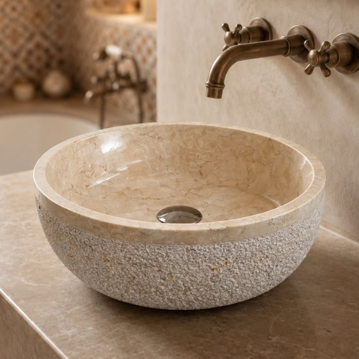 Round Beige Marble Vessel Sink  Bathroom Vanity Marble Sink  Handmade Natural Stone Basin  Countertop Sink