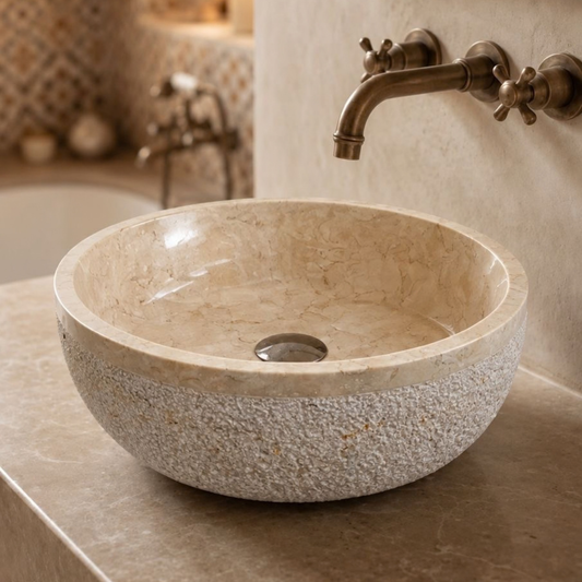 Round Beige Marble Vessel Sink  Bathroom Vanity Marble Sink  Handmade Natural Stone Basin  Countertop Sink