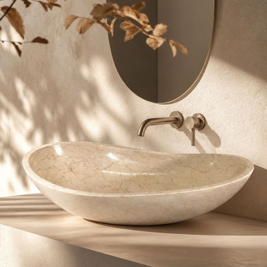 Beige Oval Vanity Marble Sink  Handmade Natural Stone Basin  Vessel Sinks for Modern Bathroom  Countertop Sink