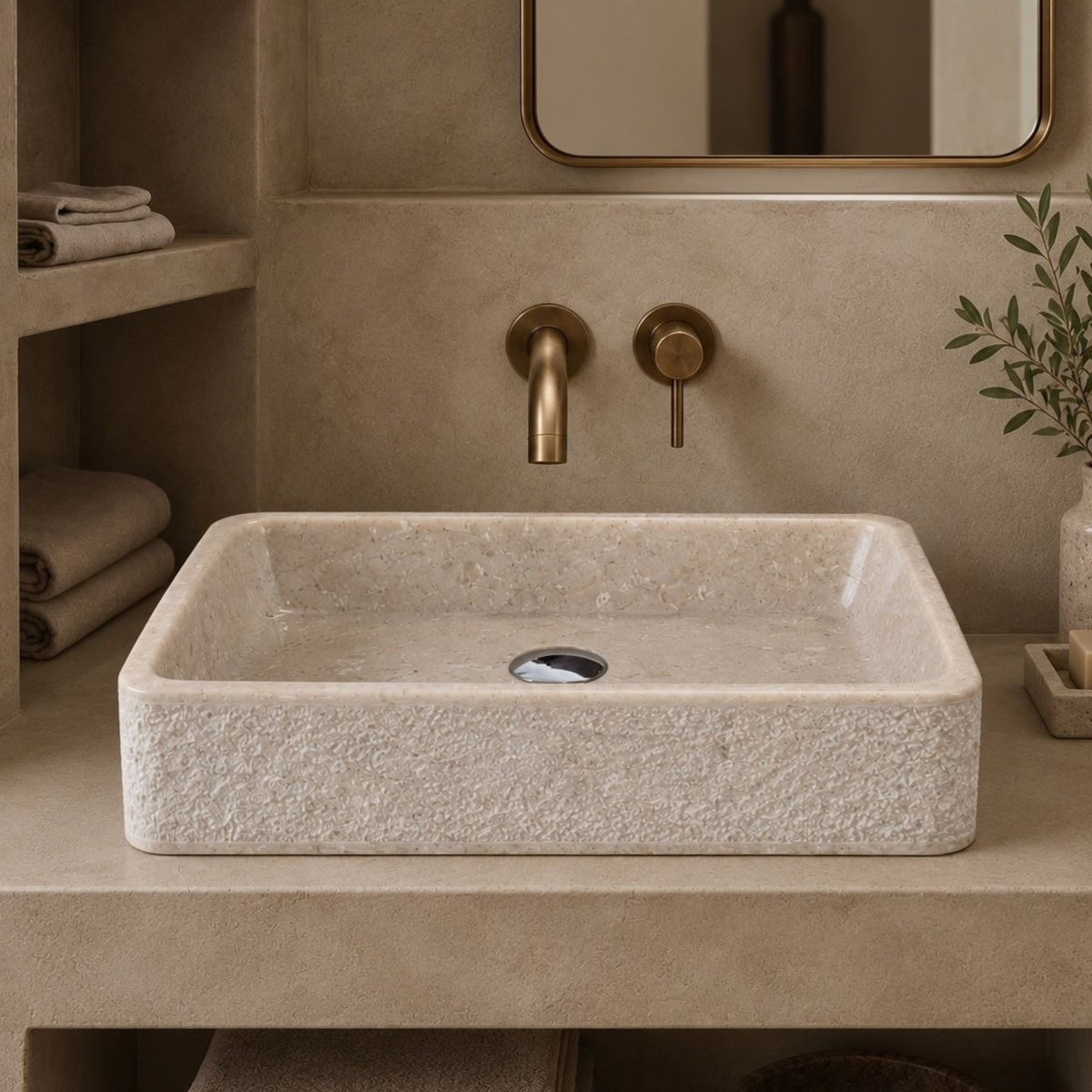 Rectangular Beige Vanity Marble Sink | Natural Stone Vessel Sink for Modern Bathroom | Handmade Stone Sink | Custom Vanity Top Basin