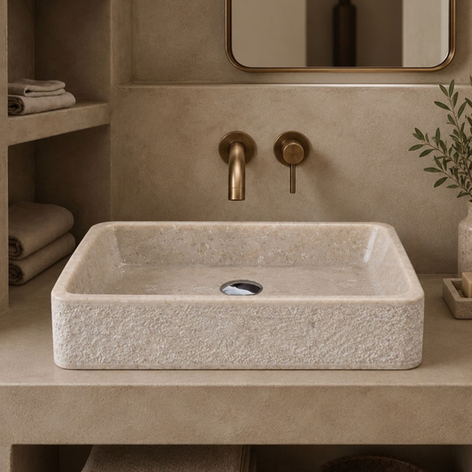 Rectangular Beige Vanity Marble Sink | Natural Stone Vessel Sink for Modern Bathroom | Handmade Stone Sink | Custom Vanity Top Basin