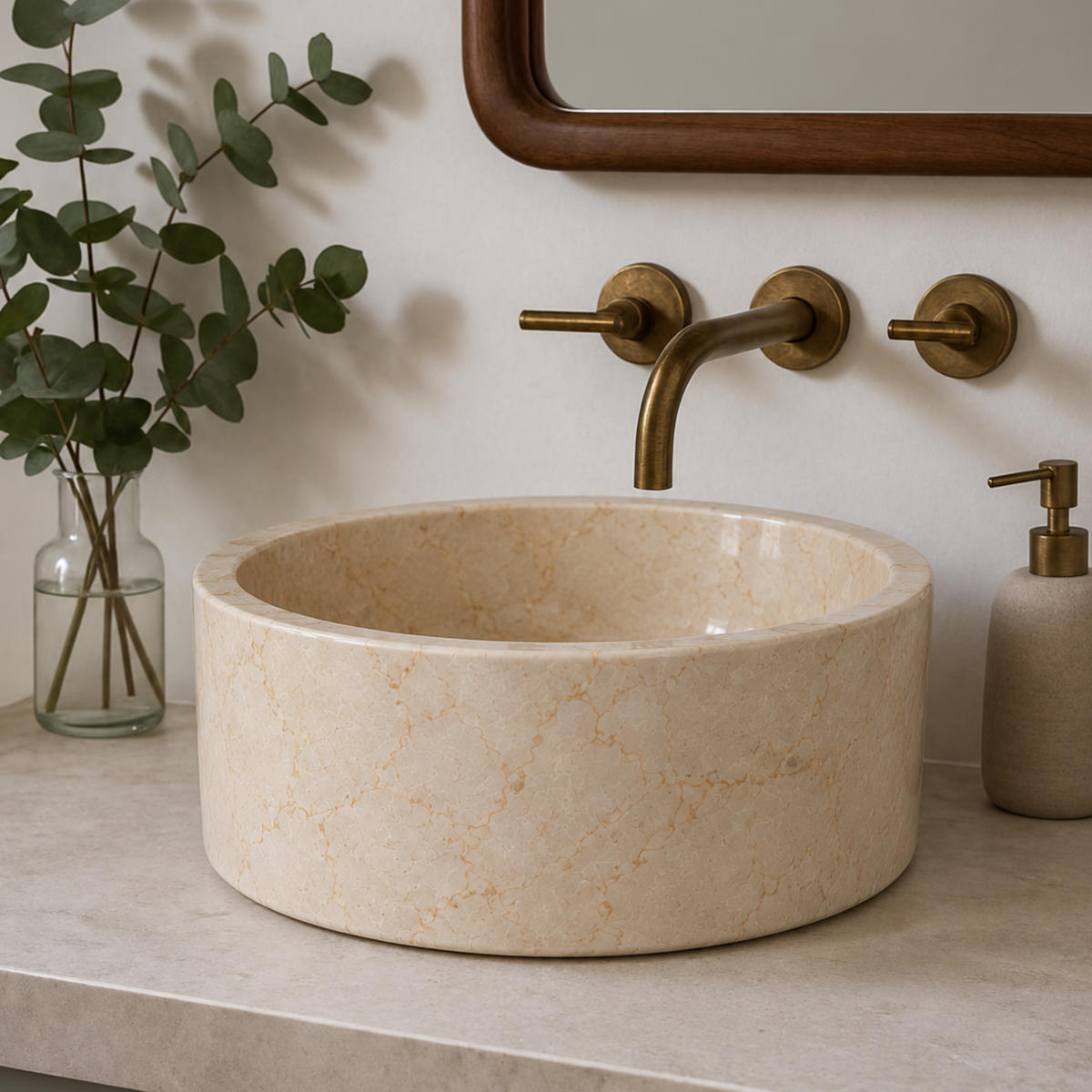 Round Beige Vanity Marble Sink | Handmade Natural Stone Basin | Custom Vanity Top Basin for Modern and Luxury Bathroom