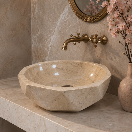 Cream Marble Vessel Sink  Oval Natural Stone Sink  Handmade Bathroom Vanity Marble Basin  Countertop Sink