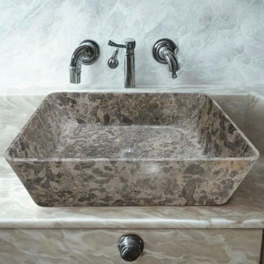 Handmade Rectangular Marble Vessel Sink – Polished Stone Bathroom Basin