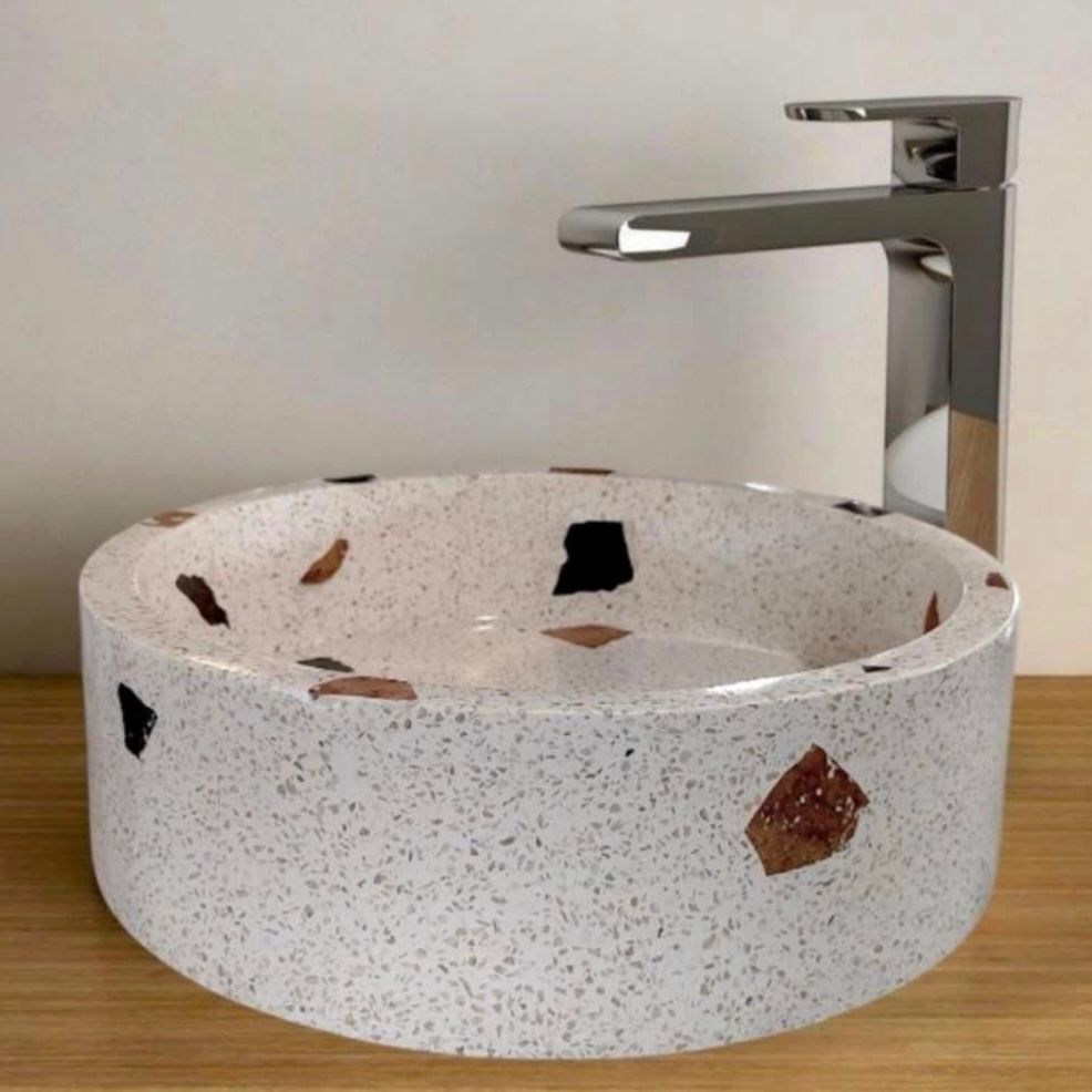 Handmade Round Terrazzo Concrete Vessel Sink – Cream Stone Modern Luxury Bathroom Basin