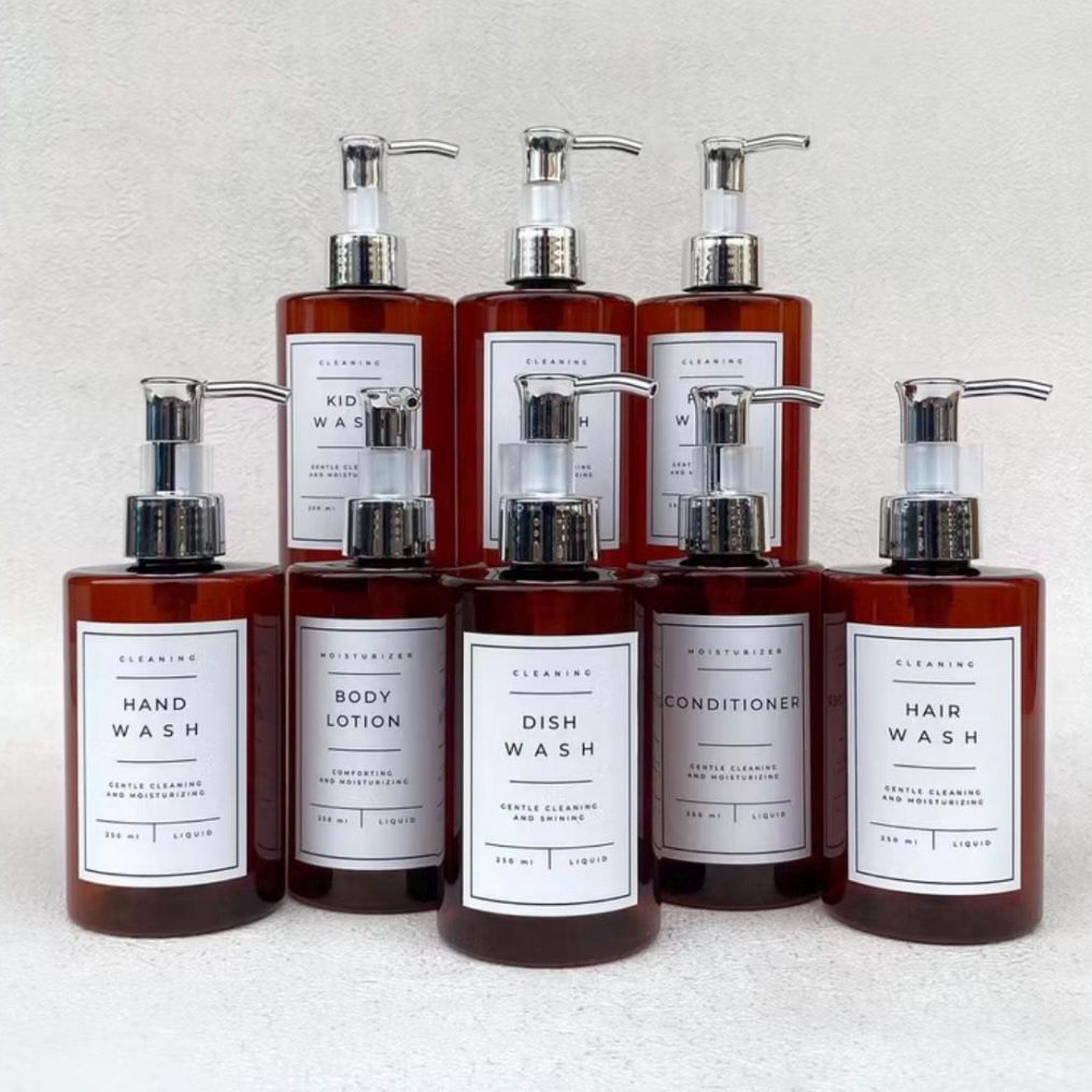 Set of 2 Hotel Style Soap Dispenser Set | Luxury Amber Bathroom Accessories | Refillable Pump Bottle for Hand Wash, Shampoo & Lotion