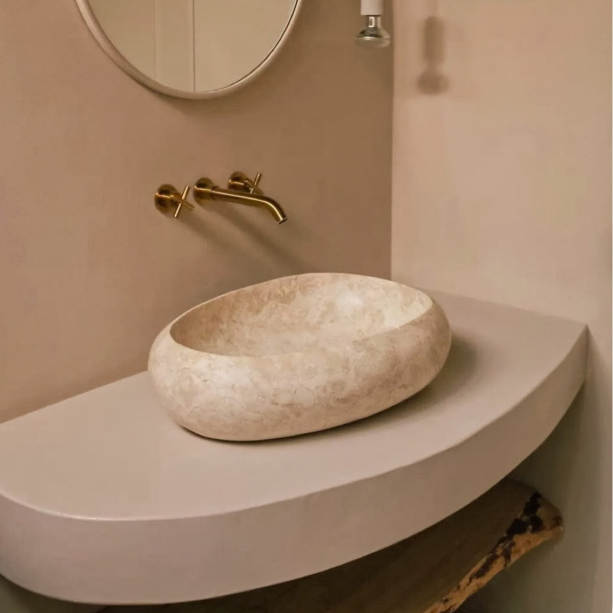 Round Beige Marble Vessel Sink  Custom Vanity Marble Sink  Handmade Carved Stone Vanity Top Basin