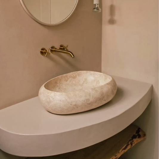 Round Beige Marble Vessel Sink  Custom Vanity Marble Sink  Handmade Carved Stone Vanity Top Basin