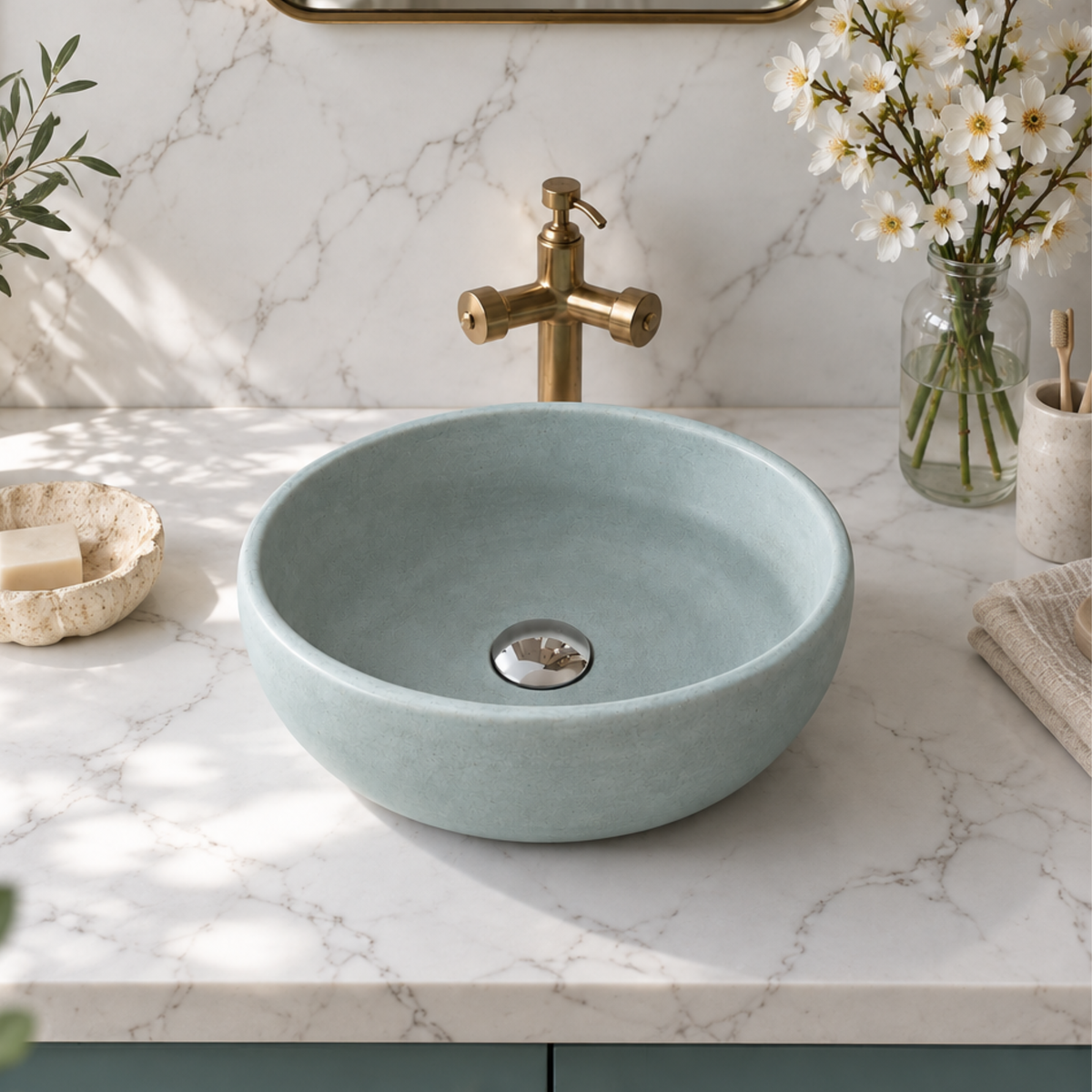 Round Green Limestone Vanity Top Basin  Natural Stone Basin  Modern Hand Sink  Custom Marble Vanity  Vessel Sinks for Luxury Bathroom