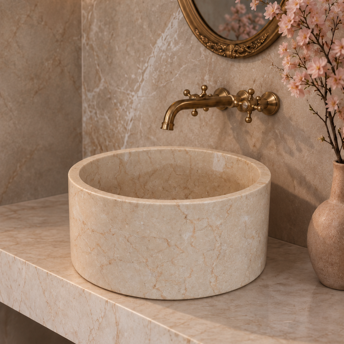 Round Beige Marble Vessel Sink  Custom Natural Stone Bathroom Vanity Top Basin  Handmade Countertop Basin  Carved Stone Sink