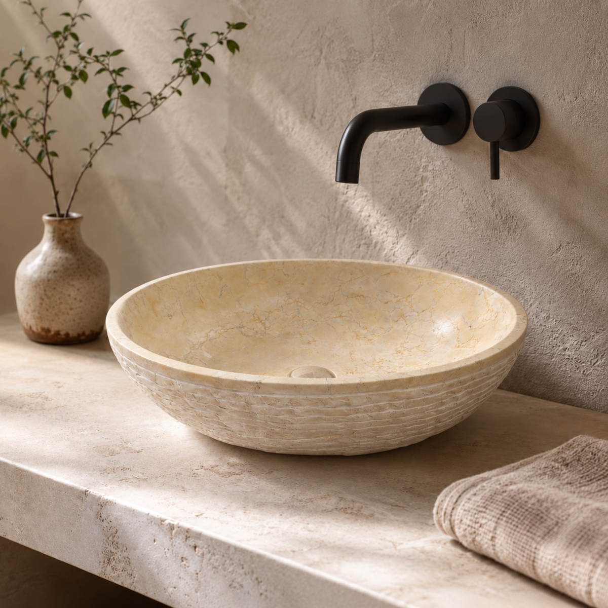 Oval Beige Marble Vessel Sink | Handmade Bathroom Vanity Marble Sink | Natural Stone Basin | Custom Countertop Sink