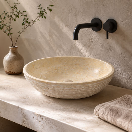 Oval Beige Marble Vessel Sink | Handmade Bathroom Vanity Marble Sink | Natural Stone Basin | Custom Countertop Sink