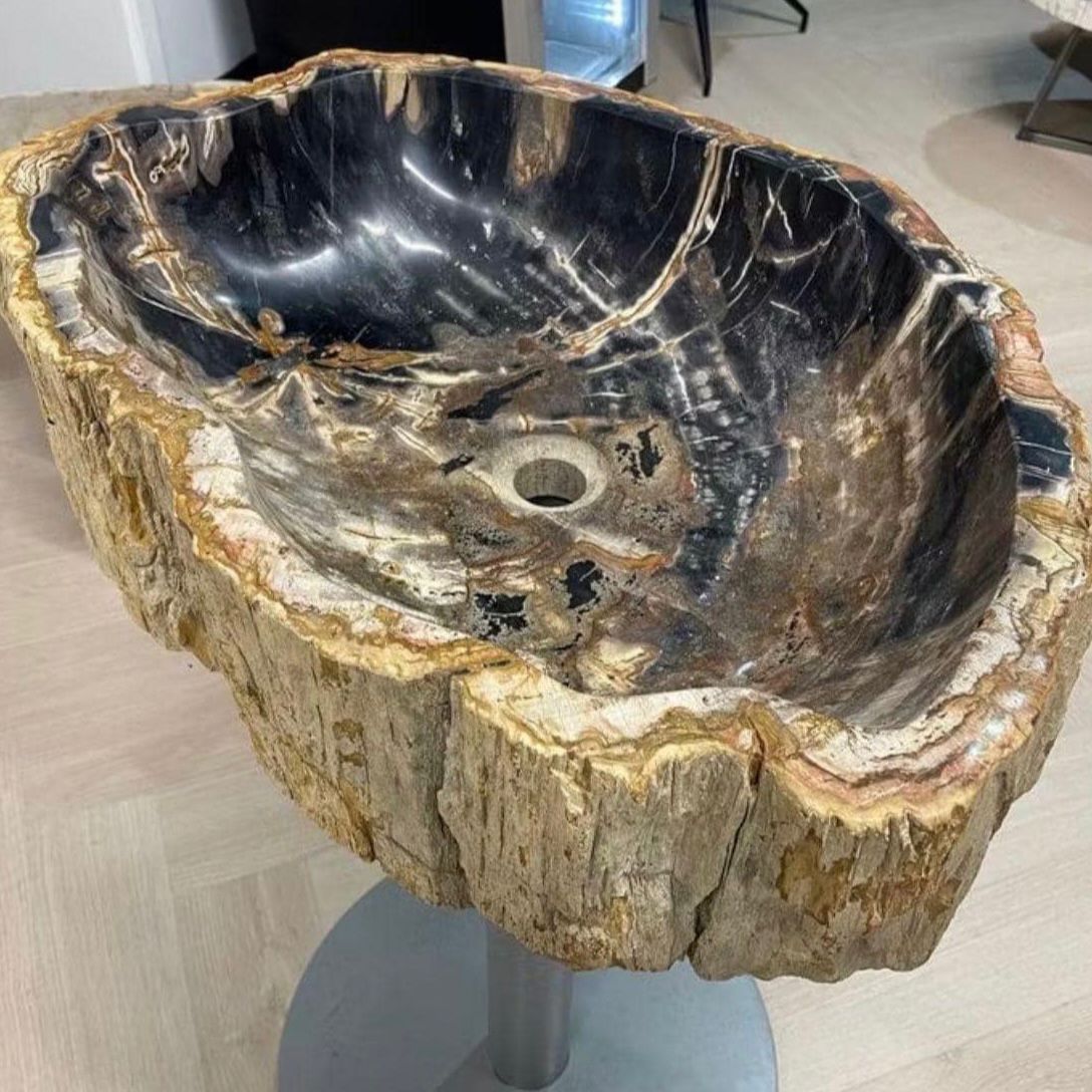 Petrified Wood Stone Sink – Natural Fossil Bathroom Vessel Basin | Rustic Vanity Bowl | Travertine Sink