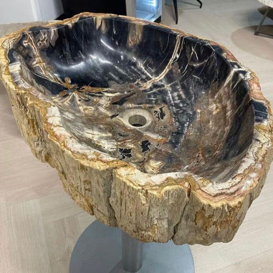 Petrified Wood Stone Sink – Natural Fossil Bathroom Vessel Basin | Rustic Vanity Bowl | Travertine Sink