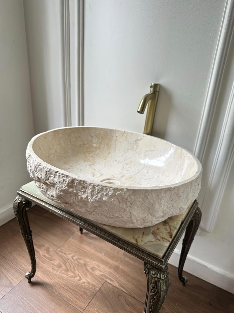 Handcarved Oval Natural Marble Vessel Sink | Rustic Natural Stone Luxury Bathroom Basin | Wabi Sabi Washbasin for Vanity