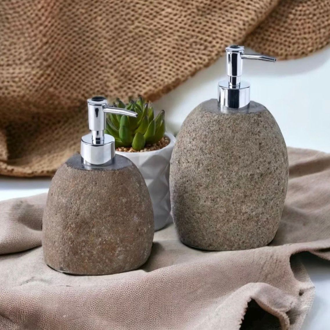 Natural River Stone Bathroom Set – Rustic Soap Dispenser | Shampoo Bottle