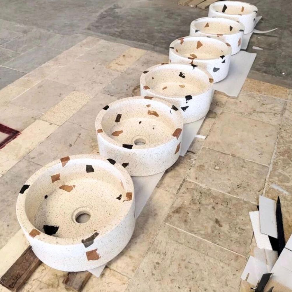 Handmade Round Terrazzo Concrete Vessel Sink – Cream Stone Modern Luxury Bathroom Basin