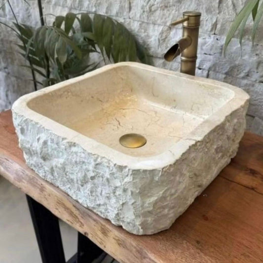 Marble Square Vessel Sink | Natural Stone Wabi Sabi Japandi Washbasin | Hand Carved Bathroom Vanity Basin