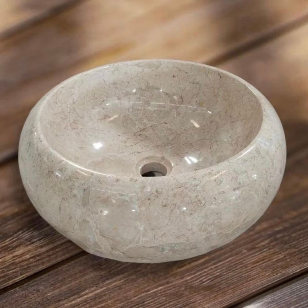 Grey & Beige Marble Donut Stone Sink 40 x 15cm | Wabi Sabi Japandi Round Washbasin