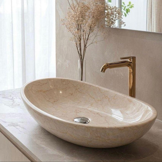 Natural Marble Oval Vessel Sink - Luxury Bathroom Vanity Basin, Handmade Stone Wash Bowl