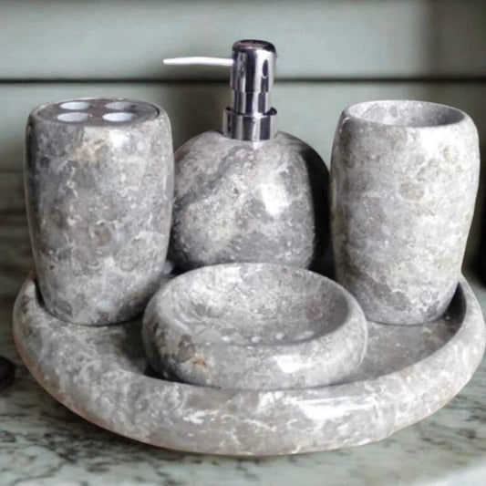 Set of 5 Marble Bathroom Accessories | Handmade Natural Stone Soap Dispenser | Hand Soap Refillable Pump