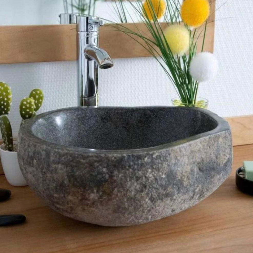 Wabi Sabi River Stone Sink - Handcrafted Japandi Natura Vessel Organic Modern Bathroom Washbasin