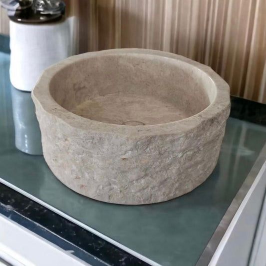 Round Marble Sink | Rustic Natural Stone Vessel Basin for Wabi Sabi or Japandi Decor | Bathroom WashBasin