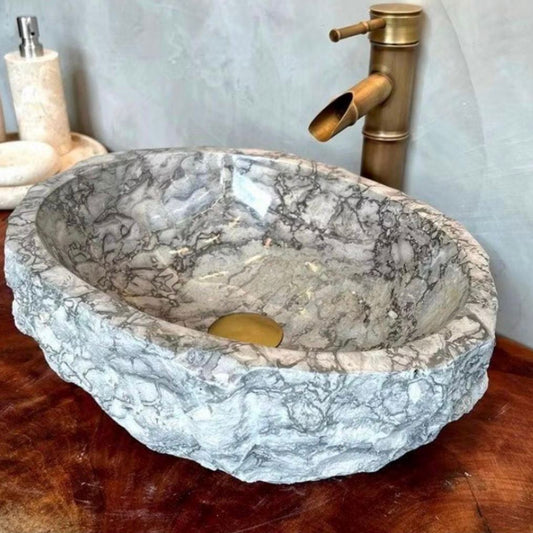 Rare Natural Marble Sink - Hand Carved Stone Vessel Basin - One of a Kind Luxury Bathroom Washbasin