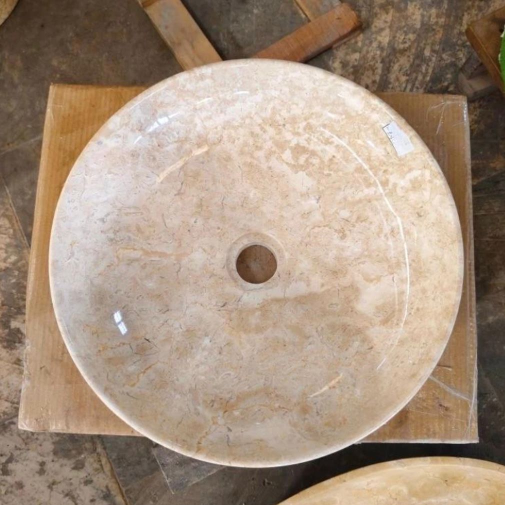 Handmade Beige Marble Vessel Sink – Polished Round Stone Basin