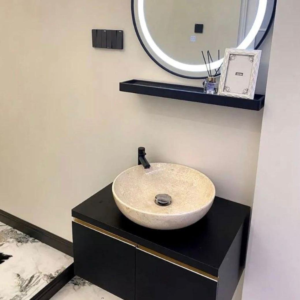 Handmade Beige Marble Vessel Sink – Polished Round Stone Basin
