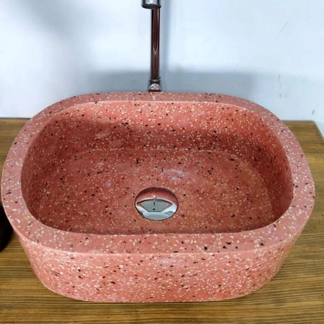 Handmade Pink Terrazzo Concrete Vessel Sink – Oval Bathroom Basin, Modern Luxury Vanity Bowl