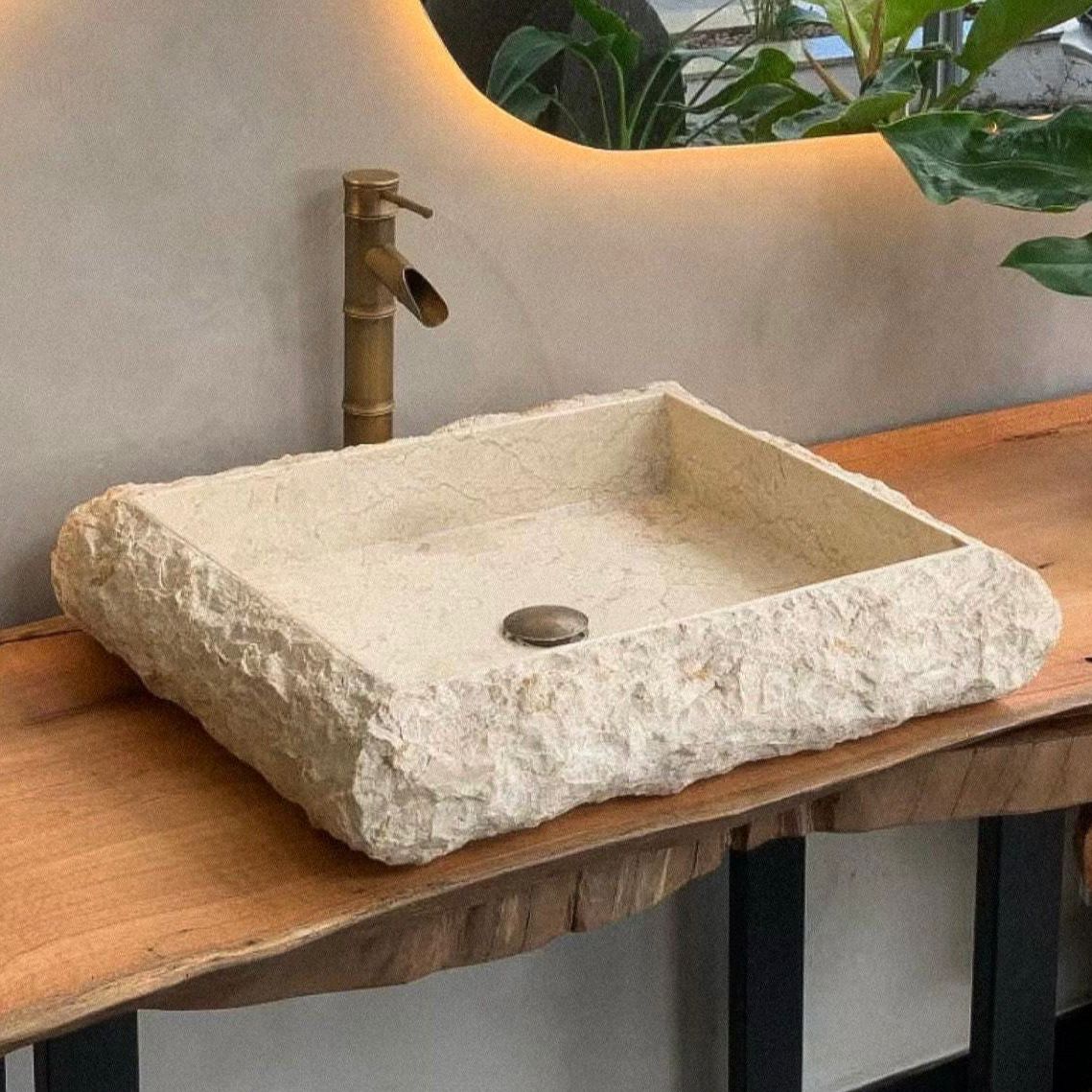 Rustic Square Marble Sink | Wabi Sabi Hand Carved Natural Stone Basin | Japandi Bathroom Decor