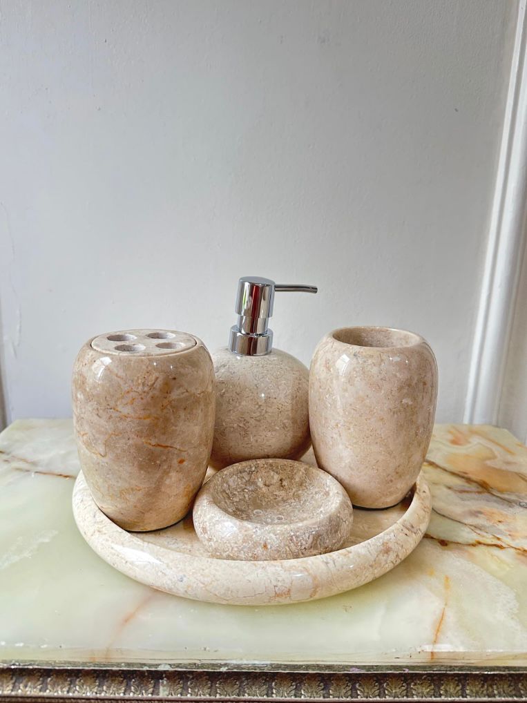 Set of 5 Marble Bathroom Accessories | Handmade Natural Stone Soap Dispenser | Hand Soap Refillable Pump