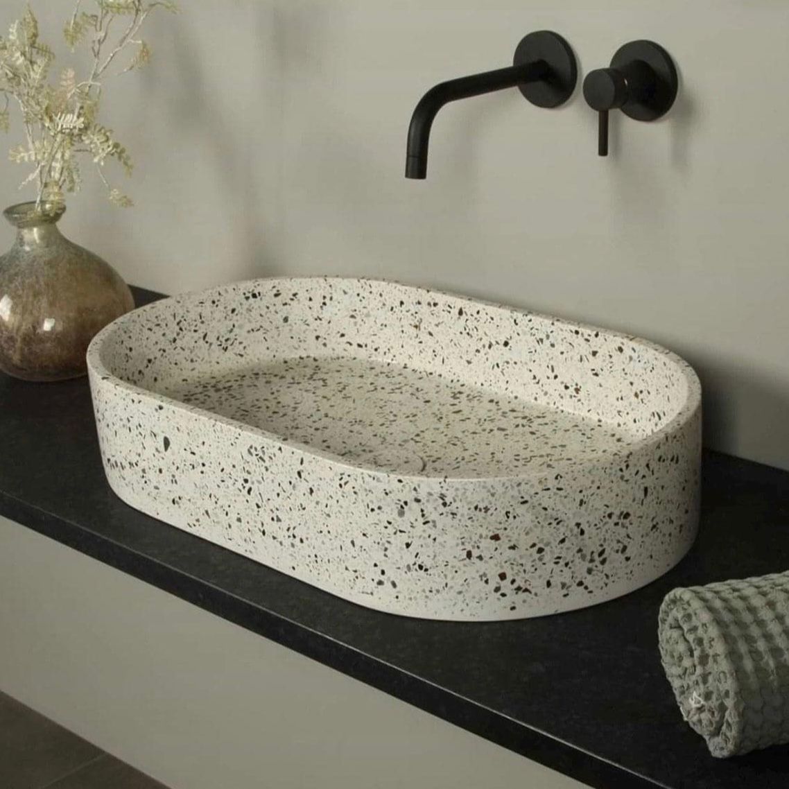 Large Terazzo Sink - Handmade Oval Concrete Wash Basin 50 x 35cm