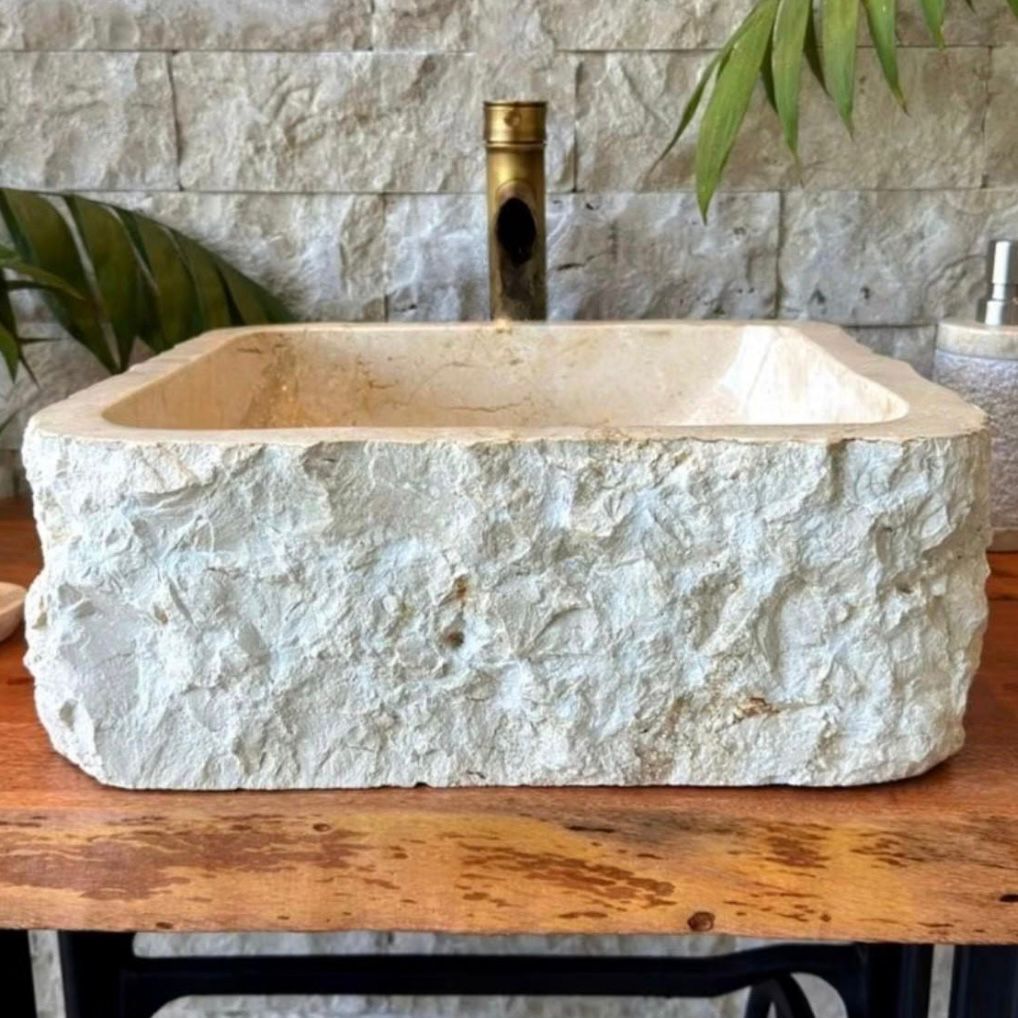 Marble Square Vessel Sink | Natural Stone Wabi Sabi Japandi Washbasin | Hand Carved Bathroom Vanity Basin
