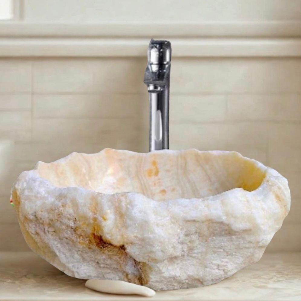 Translucent Onyx Marble Sink – Natural Marble Vessel Basin for Bathroom Vanity, Hand-Carved Stone Washbasin